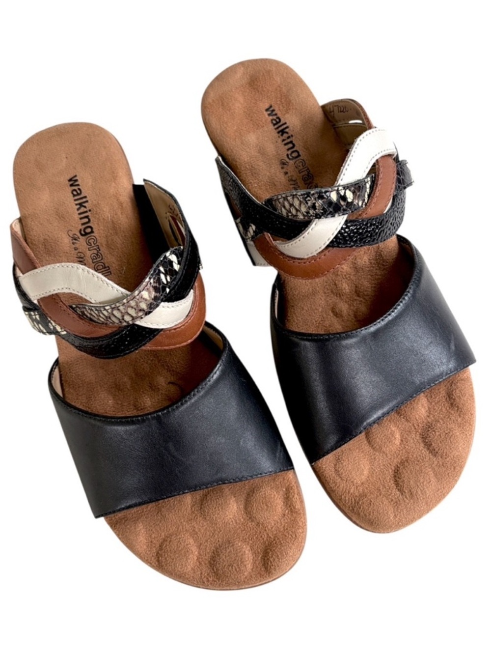 EUC Walking Cradles Leather Comfort Sandals Black Brown Ivory Snakeskin Size 8.5